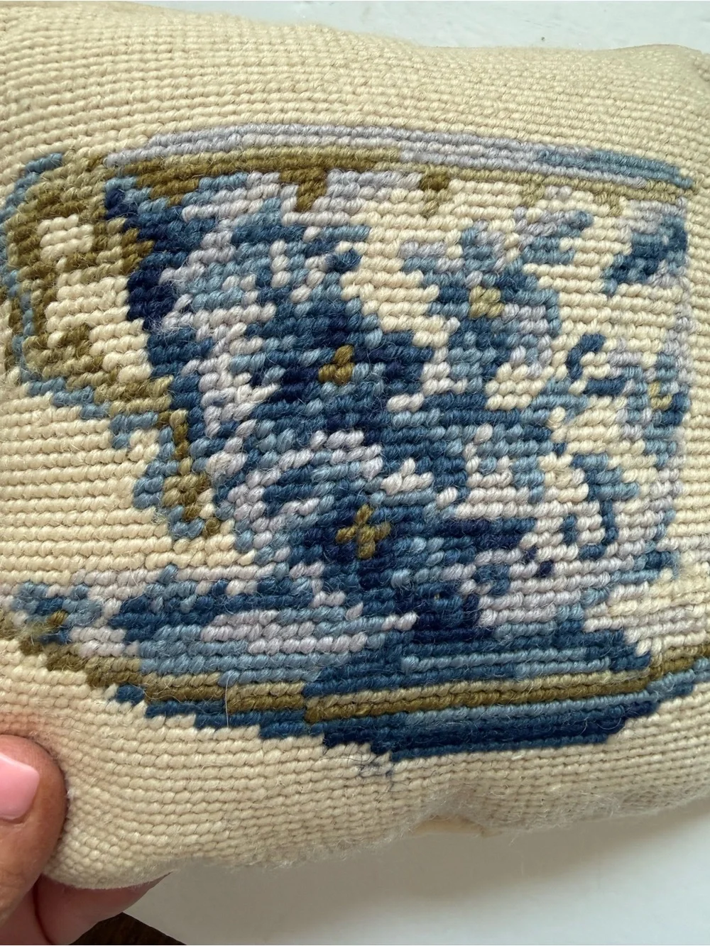Vintage Mini Needlepoint Pillow Blue & White Willow Chinoiserie Style 8” x 8”
